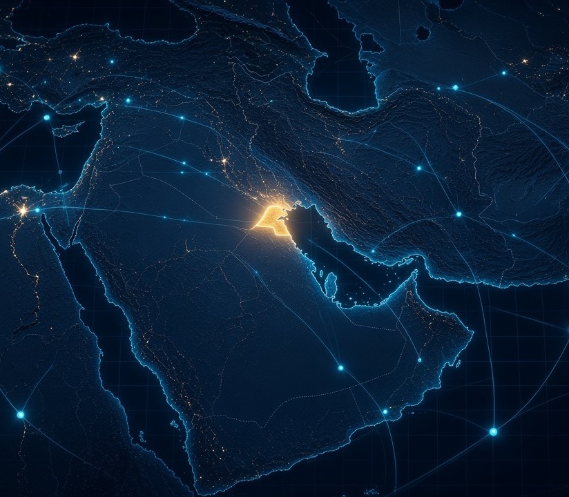 Kuwait Starlink Tracker: top-down night map of the Middle East from the Levant and Red Sea to Iran, cropped to Kuwait's reach, with Kuwait glowing gold near the centre; live Starlink positions are drawn on top